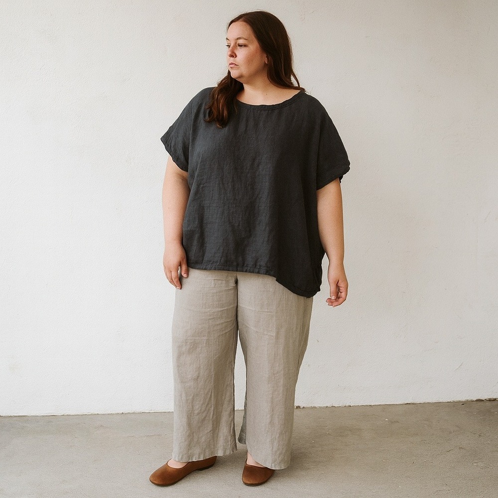 Knock Knock Linen Top Womens One Size Boxy Black Round Neck Lagenlook Minimalist